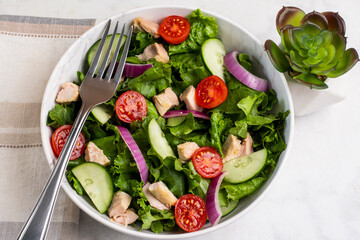 chicken salad with tomatoes, lettuce and cucumbers