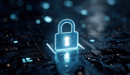 Digital Security - Padlock on Circuit Board.