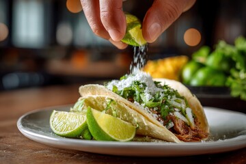 A taco is being dressed with lime in a softfocus setting