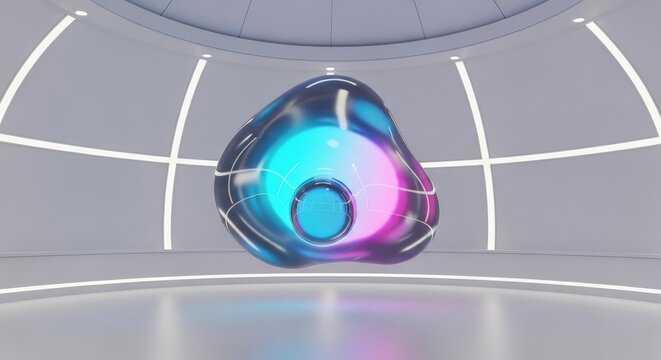 Abstract iridescent blob with glowing core in a futuristic room.