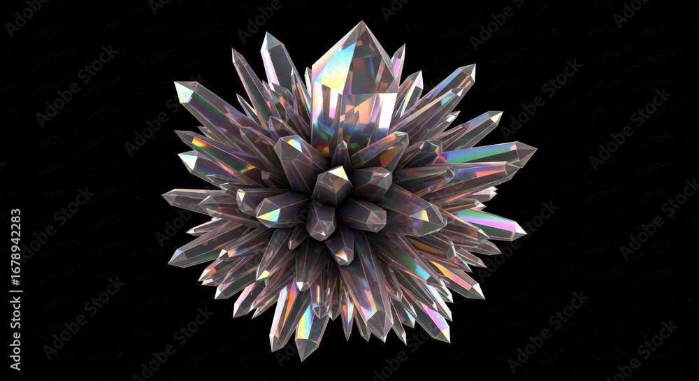 Poster a cluster of iridescent crystals with sharp points on a black background.