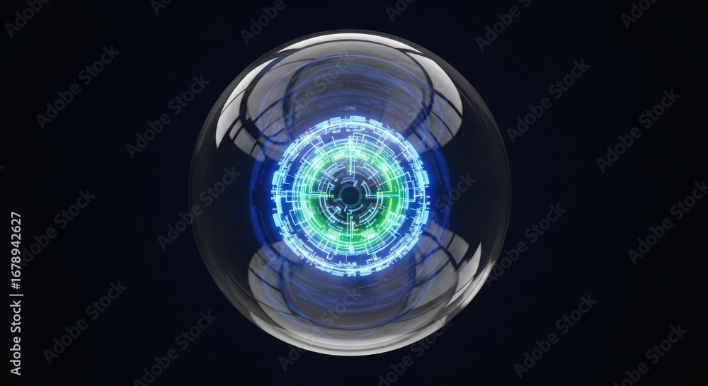 Poster futuristic glowing sphere with intricate digital design inside, representing advanced technology.