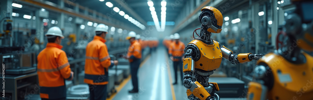 Poster robots and humans collaborate on modern factory floor. advanced automation in manufacturing industry