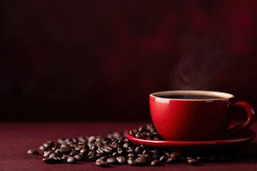 A red cup of steaming coffee on a saucer surrounded by coffee beans against a dark red backdrop