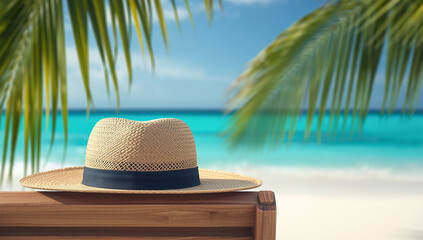 Straw hat on wooden chair with tropical beach and palm leaves in background