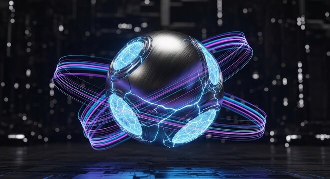 Futuristic metallic sphere with glowing blue energy lines and patterns.