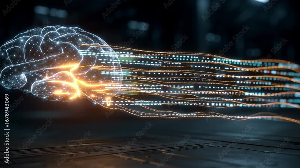 Poster a high-tech brain made of glowing lines and neurochips is floating, surrounded by streams of digital