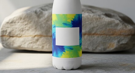 White water bottle with a vibrant tie-dye pattern and blank label.