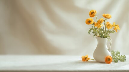 Orange flowers in a vase with space for text reproduction, fresh and natural style. Suitable for banner templates, website layouts, business presentations, or advertising designs. Features.