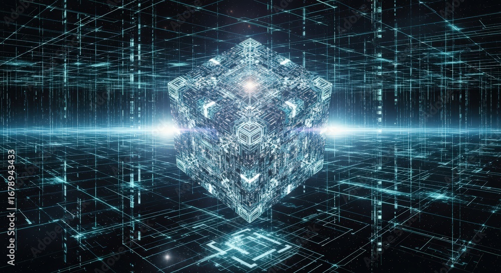 Poster abstract digital cube with network connections, representing artificial intelligence and modern tech