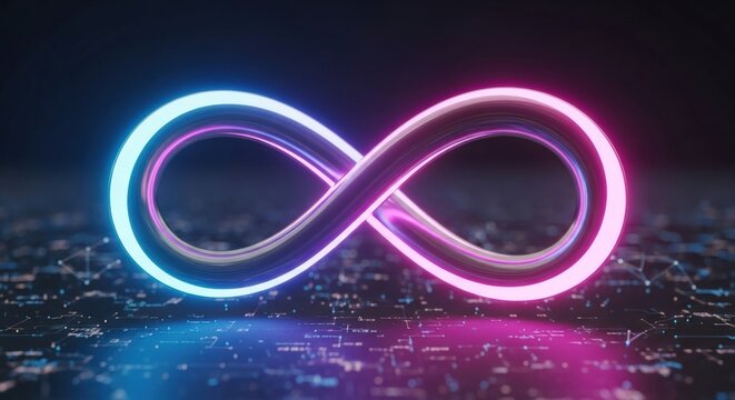 Infinity symbol with neon glow, representing endless possibilities in technology and digital concepts.