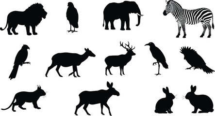 Black animal silhouettes including lion, elephant, zebra, deer, parrot, moose, rabbit, and wild cat, isolated on white background for wildlife concept.
