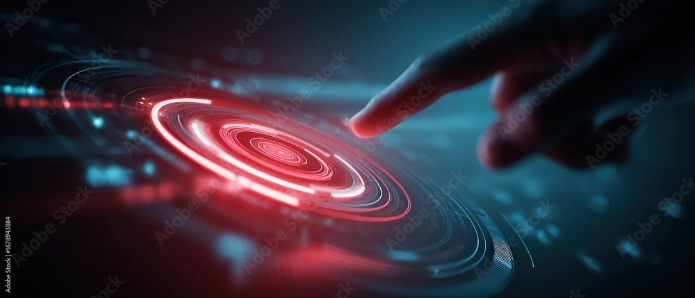 Aufkleber a close-up of a finger hovering over a glowing, red circular interface, representing technology, int