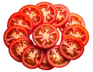 Tomato Slices Arranged in Circle, Top-Down View, isolated on transparent background.