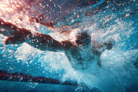 Lap Swim. Athlete Swimmers Competing in Freestyle Race with Aquatic Action and Fit Exercise