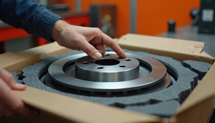 Hands unpack new automotive brake discs from protective packaging in a workshop. Precision metal components for car repair and maintenance, ensuring vehicle safety and efficient operation.