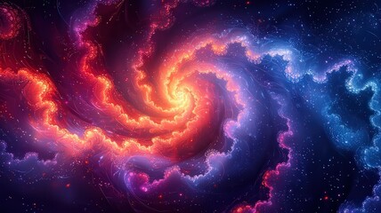 Vibrant Cosmic Swirl: A memerizing spiral galaxy in ivid reds and blues, evokig wonder and exploration i the vastness of space.