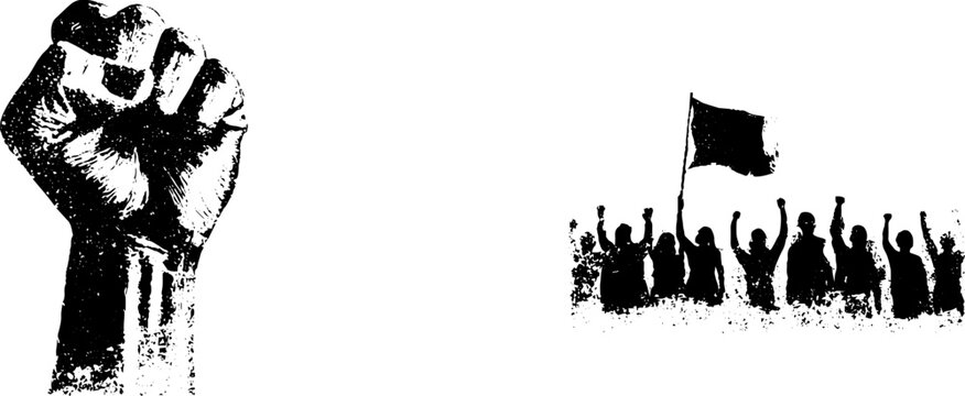 Black and white stencil illustration of raised fist and protest crowd for urban art and activism designs