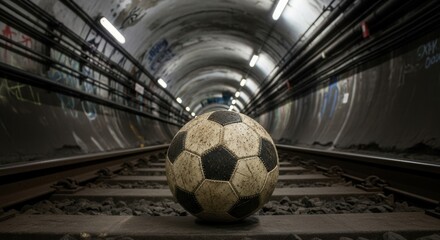 Gritty realism a soccer ball resting on train tracks inside a graffiti filled tunnel
