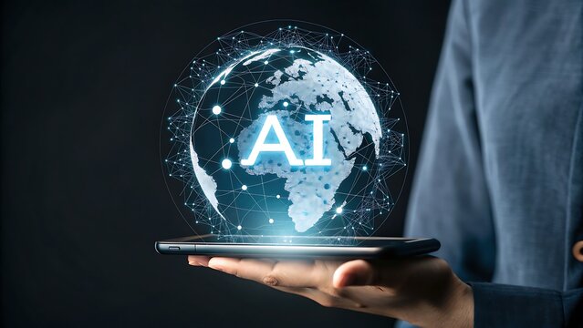 A person is holding a smartphone with an ai globe hologram, representing artificial intelligence, technology, and global connectivity in a digital world, showcasing innovation and future trends