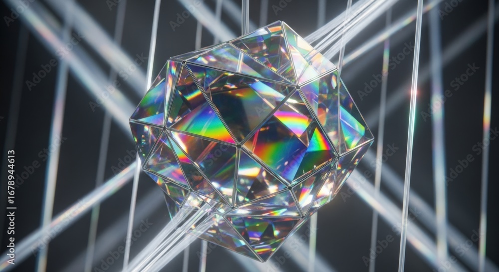 Aufkleber abstract 3d render of a crystal cube with light refraction and geometric lines.