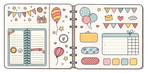 Colorful illustrated planner layout with festive decorations and organized sections for notes and tasks organization, celebration, event, planning, colorful, layout, stickers, checklist, goals, festiv