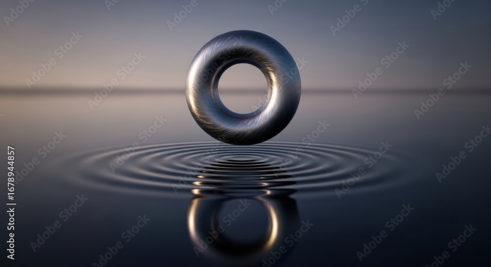 Poster a metal torus hovering above water, creating ripples and a reflection.
