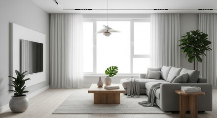 Modern minimalist living room interior with comfortable gray sofa and natural light creating a