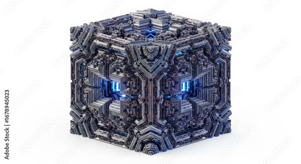 Poster complex geometric cube with intricate details and futuristic design elements.