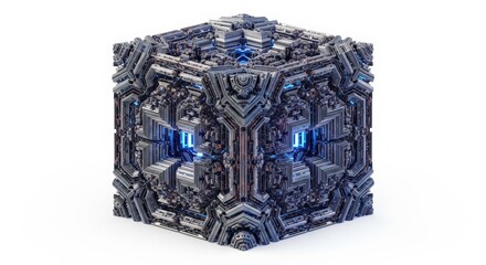 Complex geometric cube with intricate details and futuristic design elements.