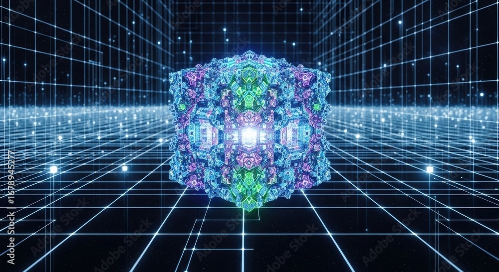 Aufkleber abstract digital art of a complex cube structure in a virtual space.
