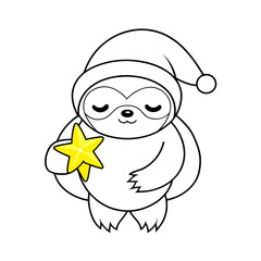 Obraz premium Adorable Sleepy Sloth in Santa Hat Holding Star, Christmas Coloring Page Illustration
