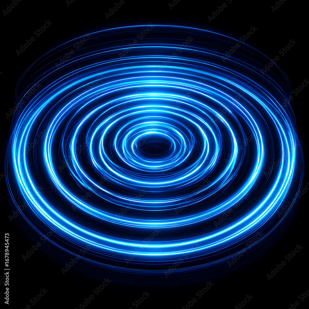 Poster glowing blue concentric circles radiate energy against a dark backdrop creating a mesmerizing light 