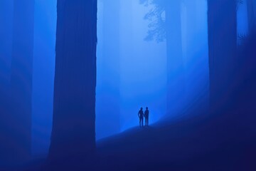 Two silhouetted figures stand hand-in-hand in a misty, blue-hued redwood forest.
