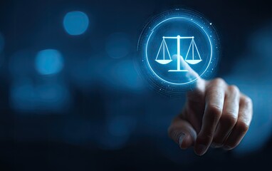 Hand touching a glowing digital icon of the scales of justice on a virtual screen.