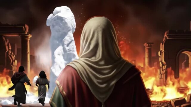 Lot's Wife Turns into Salt Pillar After Looking Back at Burning Sodom and Gomorrah, Divine Judgment God Destruction, Animated Biblical Story