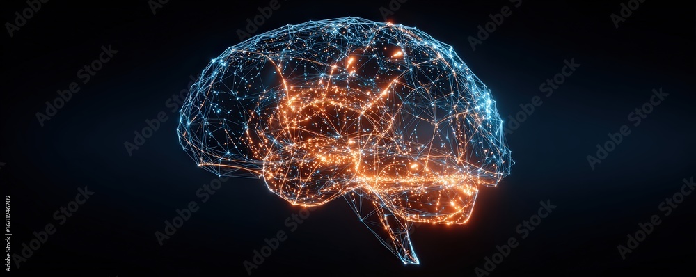 Poster a digital representation of a brain, showcasing intricate networks of lights, symbolizing neural con