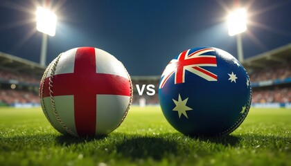 Cricket balls representing England, Australia sit on green grass under stadium lights. Intense rivalry match anticipation builds for international competition test of skill, passion between athletes.