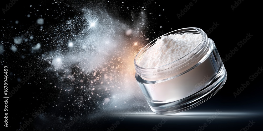 Poster decorative powder in a glass container with dynamic particles illuminated by light