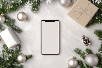 Christmas smartphone screen surrounded by festive decor and gift on holiday background