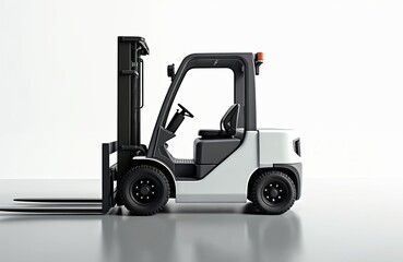 Fototapeta premium Modern white forklift isolated on white background. Industrial vehicle with forks for lifting and moving cargo. Electric heavy machinery for warehouse logistics and distribution center operations.