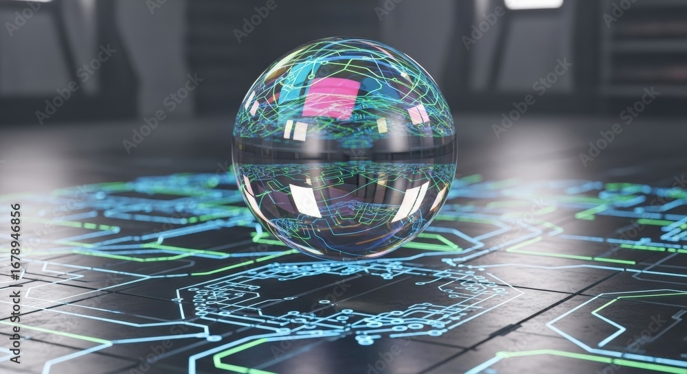 Poster a futuristic sphere reflecting a circuit board pattern, symbolizing advanced technology and digital 