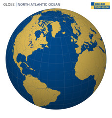 Vector Globe centered to North Atlantic Ocean. Ocean Blue Golden Yellow palette. World map with meridians, parallels, countries, rivers and lakes. Amazing vector illustration.