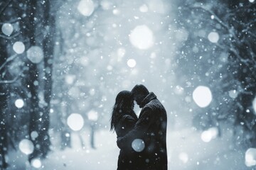 Silhouetted couple embracing in a snowy winter wonderland, a romantic scene.