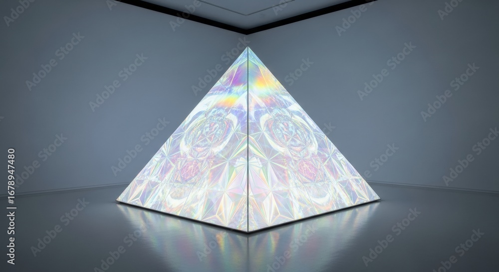 Poster holographic pyramid art installation with iridescent light patterns in a gallery setting.