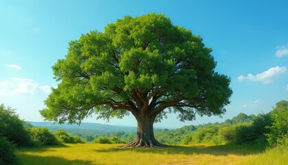 Iconic Pipal tree with rich green canopy stands majestically in sunlit meadow. Clear blue sky with white clouds above rolling hills, creating serene natural landscape. Vivid greens, yellows evoke