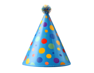 Blue birthday hat with colorful dots, isolated on a transparent background, PNG