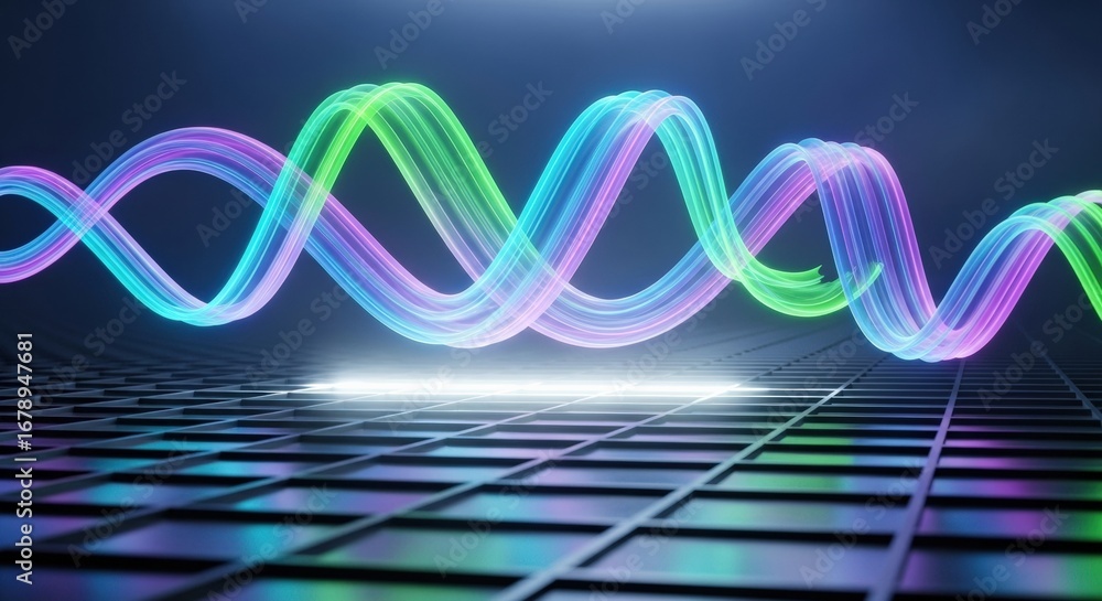 Fototapete abstract 3d rendering of colorful light waves on a grid surface.