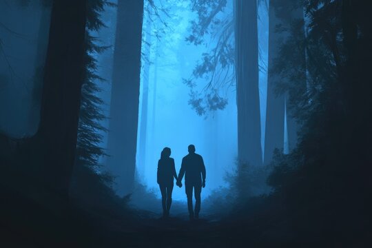 A couple holding hands walks through a mysterious, fog-filled blue forest.