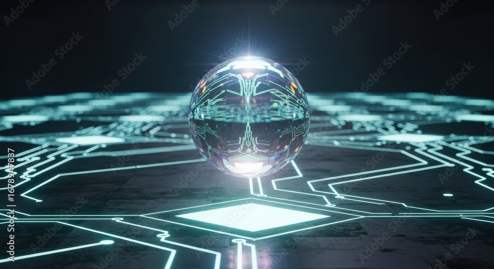 Poster futuristic sphere on a circuit board with glowing lights and intricate details.